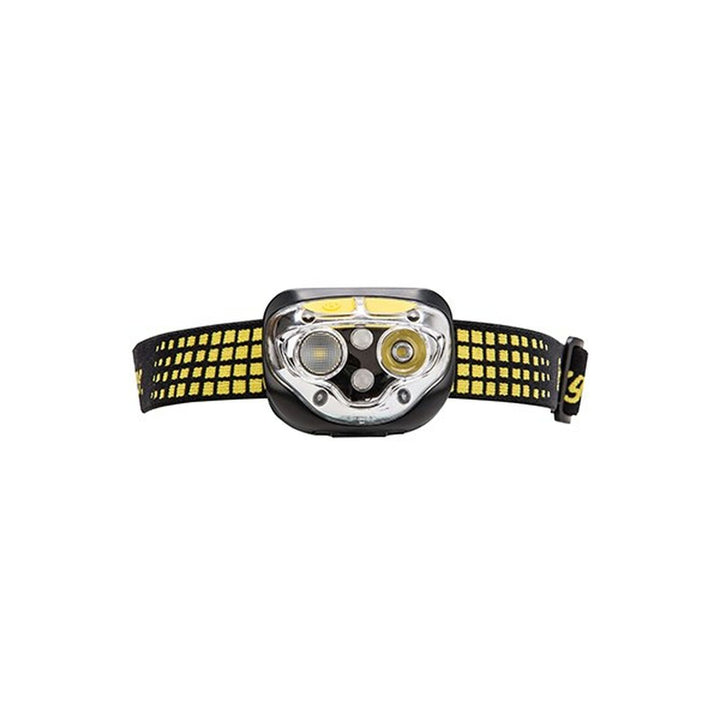 Energizer 424475 Stirnlampe mit verstellbarem gelb-schwarzem Band und mehreren Lichtquellen.