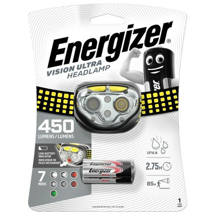Energizer Stirnlampe mit 450 Lumen und Batterien. Wasserdichte Taschenlampe.