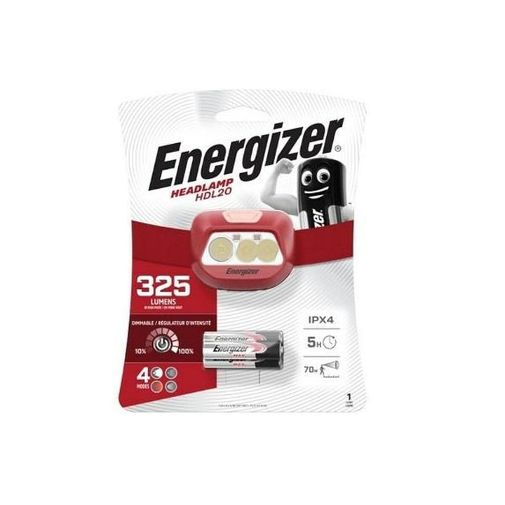 Rote Energizer HDL20 Stirnlampe mit 325 Lumen und Batterie in der Verpackung.