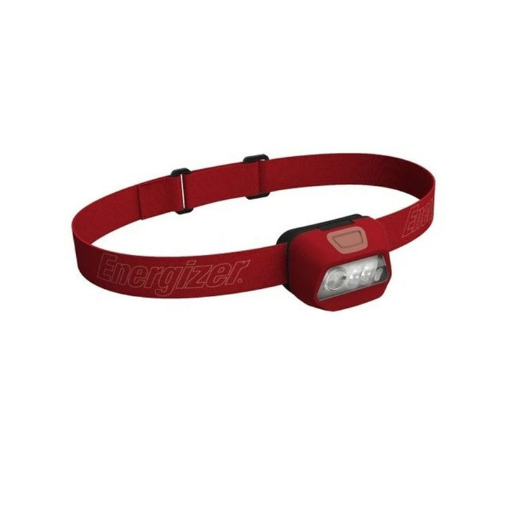 Rote Energizer HDL20 Stirnlampe mit verstellbarem Band und kompakter Lichtquelle.