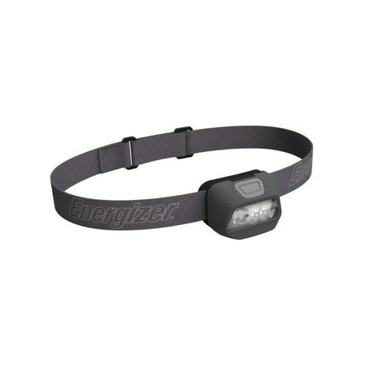 Graue Energizer 400 lm Taschenlampe mit verstellbarem Stirnband für freihändiges Licht.