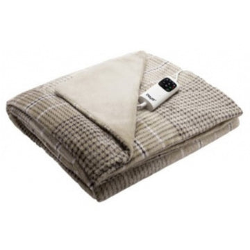 Beige elektrische Heizdecke mit Karomuster und sichtbarem Bedienfeld.