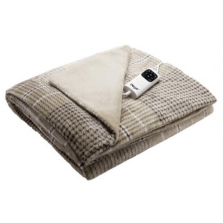 Beige elektrische Heizdecke mit Karomuster und sichtbarem Bedienfeld.