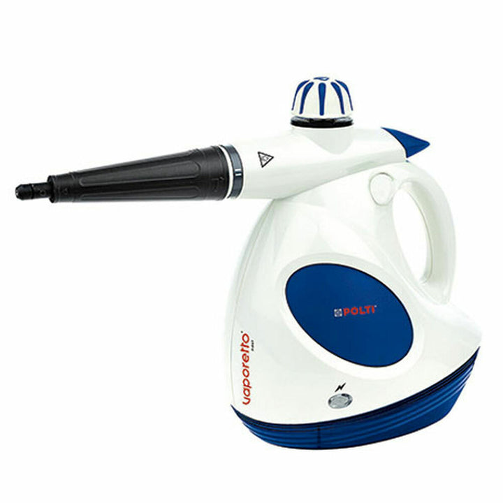Weißer POLTI Dampfreiniger mit Düse und blauem Design für effektive Reinigung.