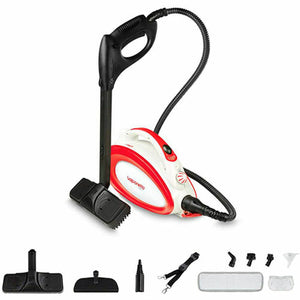 POLTI Handy 20 Dampfreiniger mit Zubehör. Kompakter Reiniger mit weiß-rotem Gehäuse und schwarzem Griff.