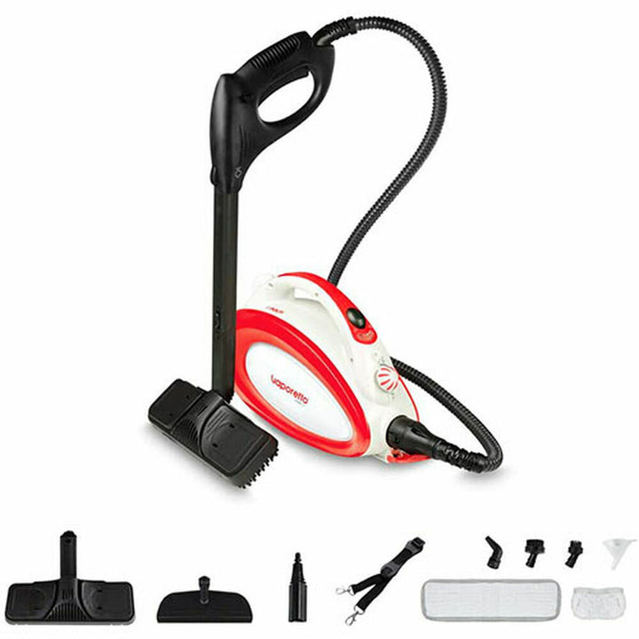 POLTI Handy 20 Dampfreiniger mit Zubehör. Kompakter Reiniger mit weiß-rotem Gehäuse und schwarzem Griff.