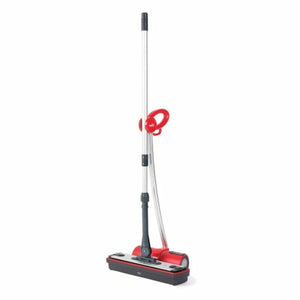 Roter POLTI PTEU0275 Dampfreiniger mit verstellbarem Griff und breitem Reinigungskopf.