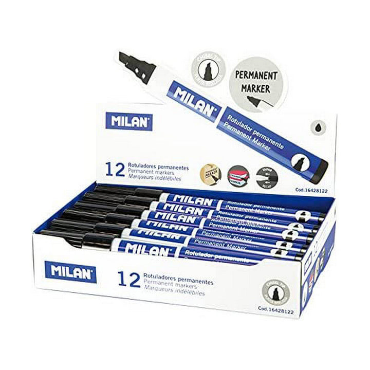 Packung mit 12 schwarzen Milan Dauermarkern. PVC Marker mit weiß-blauem Design.