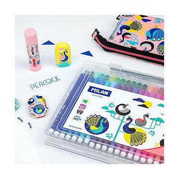 Milan Peacock Filzstifte mit Mäppchen und Radiergummis. Bunte Stifte im Set.