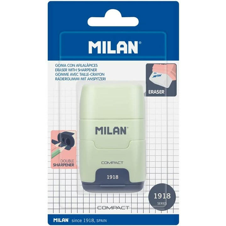 Buntes Milan 1918 Set mit Radiergummi und Doppel-Bleistiftspitzer im kompakten Design.