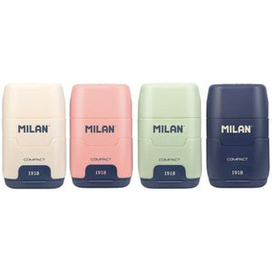 Buntes Milan 1918 Set aus Radiergummi und Bleistiftspitzer mit kompaktem Design.