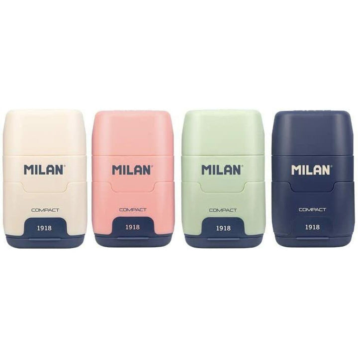 Buntes Milan 1918 Set aus Radiergummi und Bleistiftspitzer mit kompaktem Design.