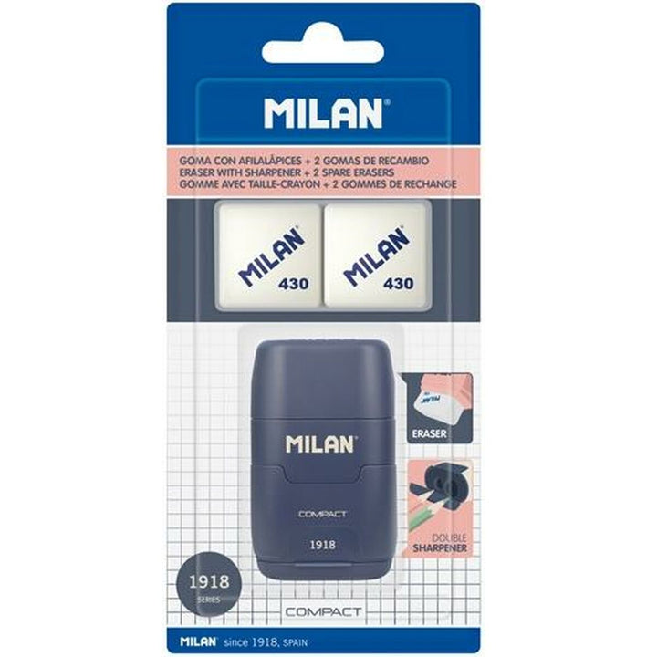 Blaues Milan 1918 Set mit Radiergummis und Bleistiftspitzer. Kompakter Spitzer mit doppelter Funktion.