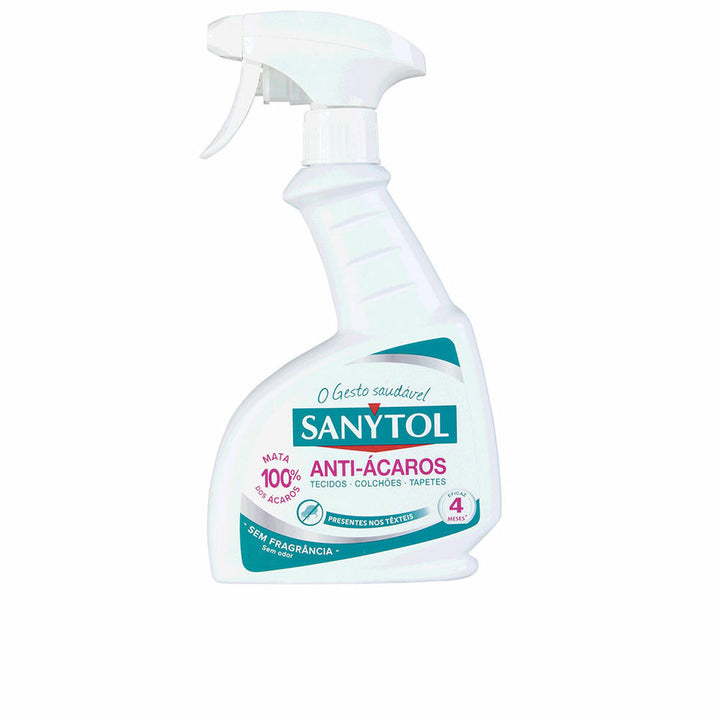 Weiße Sanytol Anti-Milben Sprühflasche für Textilien, Matratzen und Teppiche.
