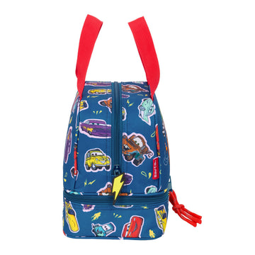Marineblaue Cars Brotdose mit Auto-Print und roten Trägern - homely Family Shop