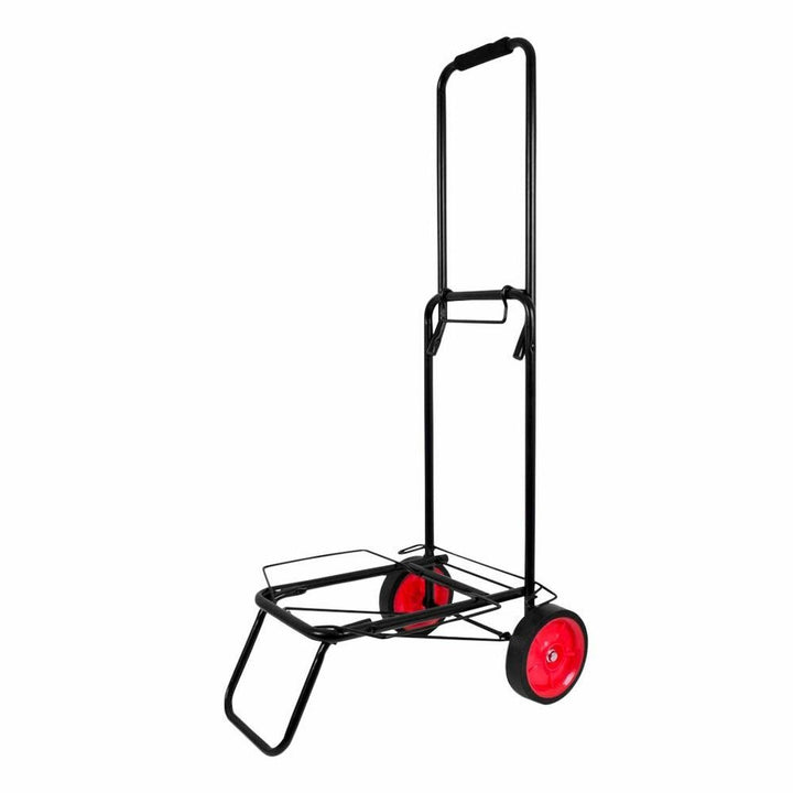 Schwarzer Mehrzweckwagen mit roten Rädern. Ideal für Strand und Freizeit.