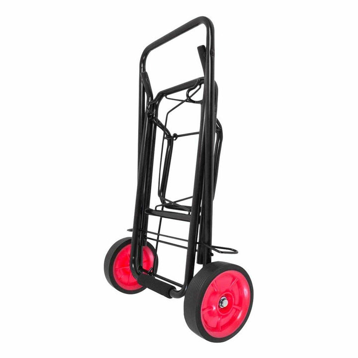 Zusammengeklappter Mehrzweckwagen mit rotem Rad, ideal für Strand und Transport.