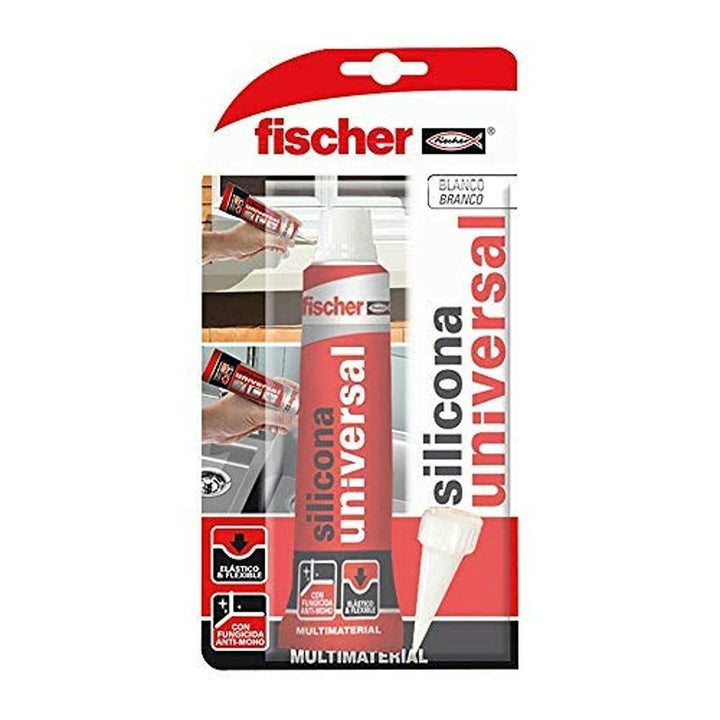 Weiße Fischer Universal Silikon 50ml Kartusche, ideal für verschiedene Materialien.