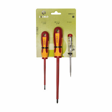 Irimo Schraubendreher-Set mit Phillips-Köpfen. Rot-gelbe Griffe und verschiedene Schraubendreher-Typen.
