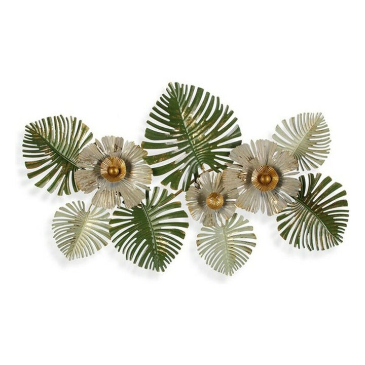 Bunte Wanddekoration mit blumigen und Blattmotiven in Grün- und Goldtönen.