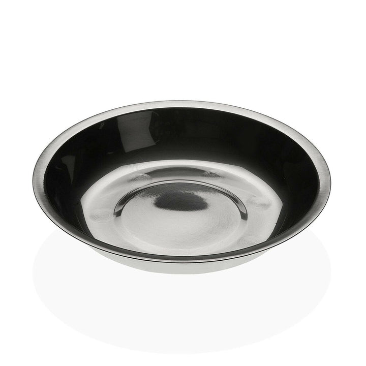 Silberne Schüssel aus Edelstahl mit reflektierender Oberfläche.