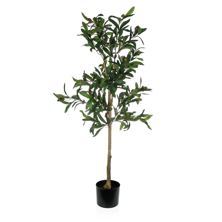 Dekorative Versa Kunststoffpflanze mit grünen Blättern und roten Beeren in einem schwarzen Topf.