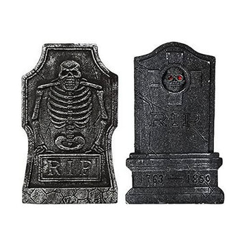 Zwei graue Halloween Grabsteine mit Skelett und Totenkopf Detail.