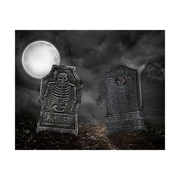 Halloween Deko Grabsteine mit Skelett und roten Augen vor Mond. Friedhof Grab Deko.