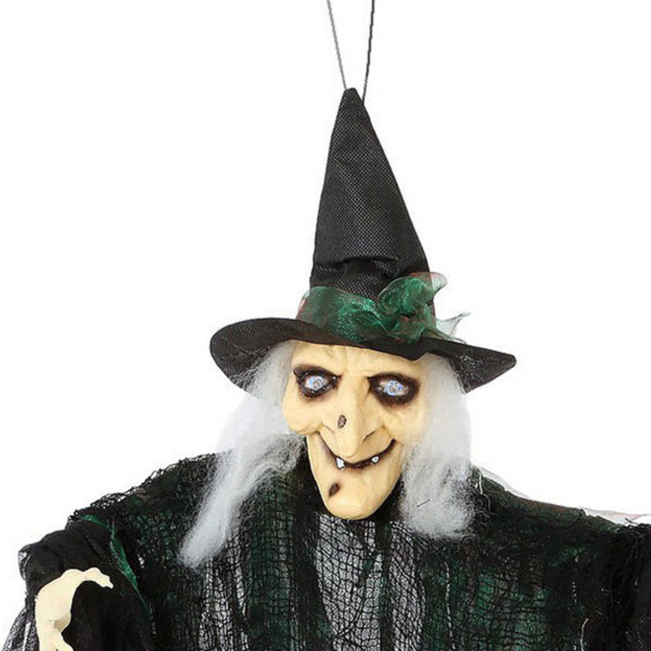Gruselige, hängende Hexe mit schwarzem Hut und Fetzenrobe für Halloween Dekoration.