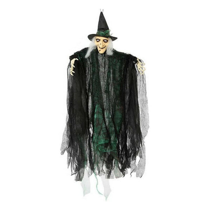 Schwarze, hängende Hexe Dekoration mit Hut und Skeletthänden für Halloween.