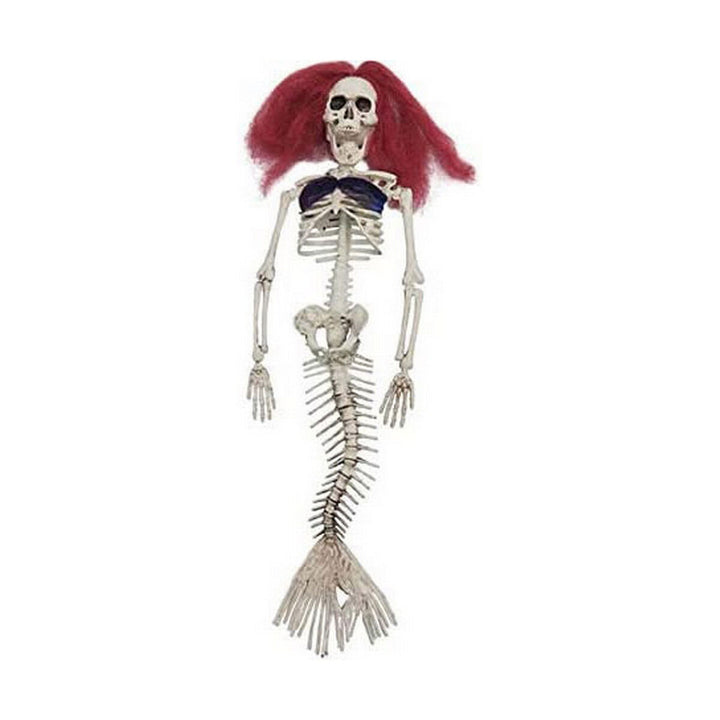 Hängendes Skelett als Sirene mit roter Perücke und Fischschwanz. Gruselige Deko!