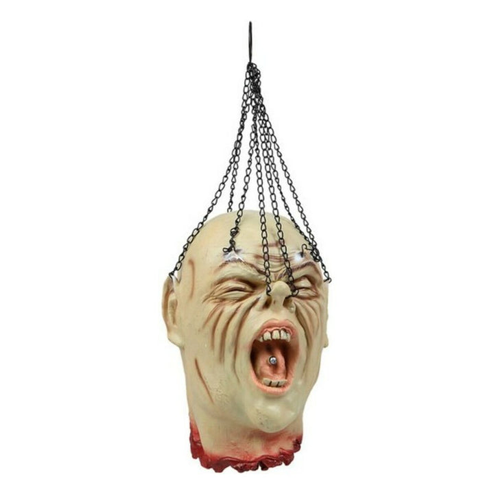 Gruseliger Halloween-Kopf als Dekoration mit Ketten und blutigem Hals.