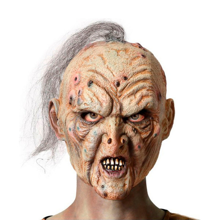 Braune Halloween-Maske mit gruseligen Details: Runzeln, Zähne und graue Haare für Horror-Effekt.