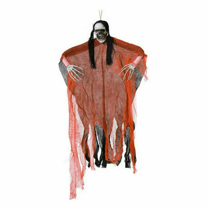 Hängendes Skelett in rotem Stoff mit langen, knochigen Fingern für Halloween Deko.