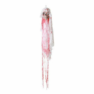 Hängendes Skelett mit roter Farbe auf weißem Stoff. Gruseliges Halloween Deko Skelett.
