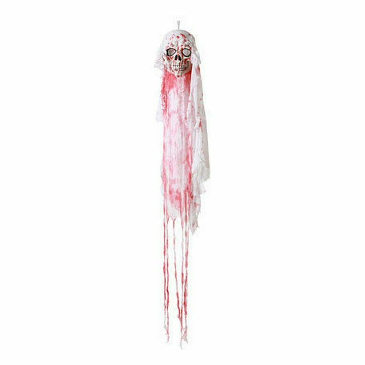Hängendes Skelett mit roter Farbe auf weißem Stoff. Gruseliges Halloween Deko Skelett.