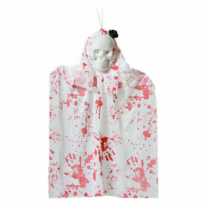 Hängendes Skelett mit Blutflecken für Halloween. Gruseliges Skelett mit rotem Blutspritzer-Design.