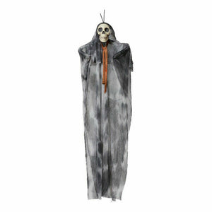 Hängendes Skelett mit grau-weißem Stoff. Bunte Halloween Skelett Deko.
