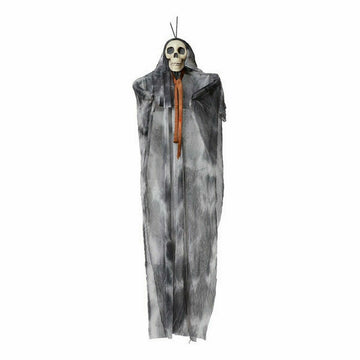 Hängendes Skelett mit grau-weißem Stoff. Bunte Halloween Skelett Deko.