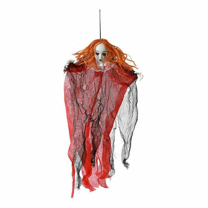 Bunte Halloween-Skelett Dekoration mit rotem und schwarzem Stoff. Gruselige Halloween Deko.