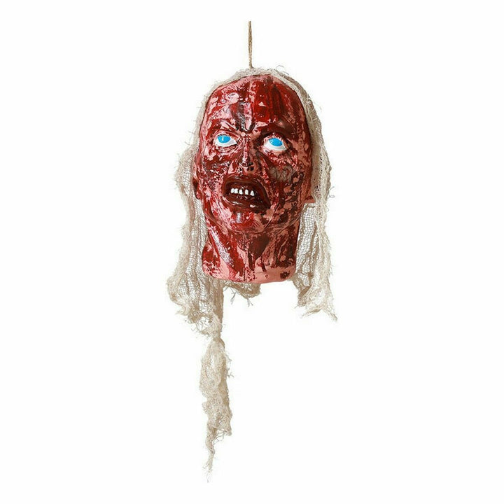 Blutiger Halloween-Kopf Deko: Schaurige Hängedekoration mit blutverschmiertem Kopf und zerrissenem Stoff.