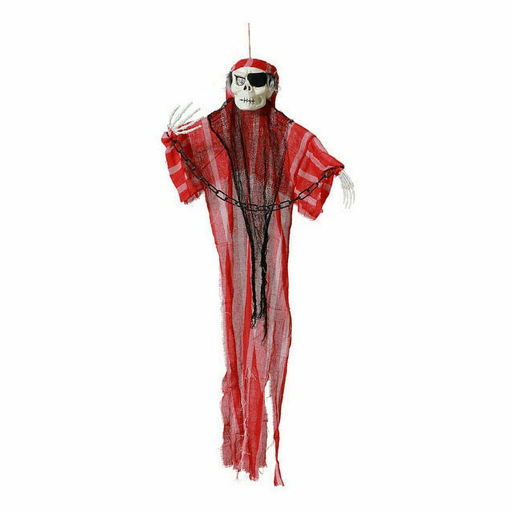 Bunte Halloween-Dekoration: Hängendes Skelett mit rotem Gewand, Kette und Totenkopf.