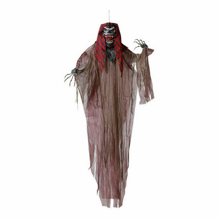 Gruseliger Halloween Geist Deko mit roter Maske und braunem Gewand für eine schaurige Halloween-Dekoration.