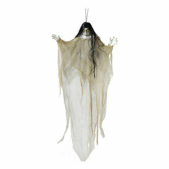 Hängende Halloween-Dekoration: Gruseliger Geist mit gelben Augen und zerrissenem Halsband.