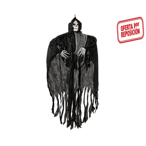 Halloween-Dekoration: Hängendes Skelett in schwarzem Gewand, 140 cm groß.