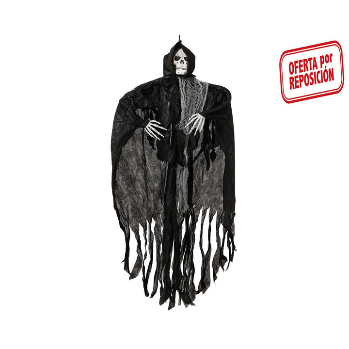 Halloween-Dekoration: Hängendes Skelett in schwarzem Gewand, 140 cm groß.
