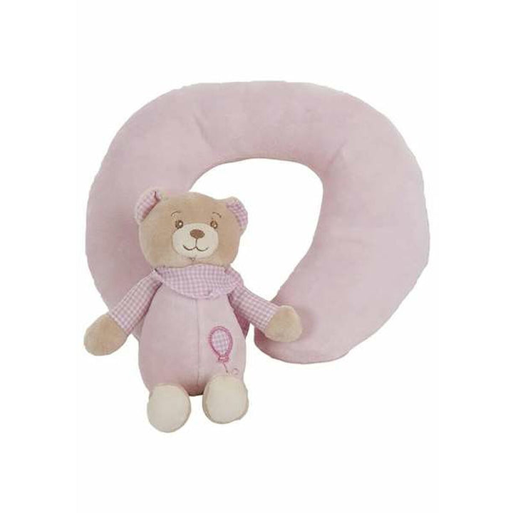 Rosa Nackenkissen mit Plüschbär Lulu. Weiches Reisekissen für Kinder.
