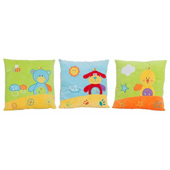 Buntes Hund Kissen Set, 30x30 cm, mit Hunde-, Bären- und Kükenmotiven für Kinder.