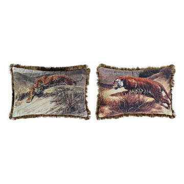 Zwei Kolonial Kissen mit Tierdruck (Leopard, Tiger) und Fransen aus Polyester.