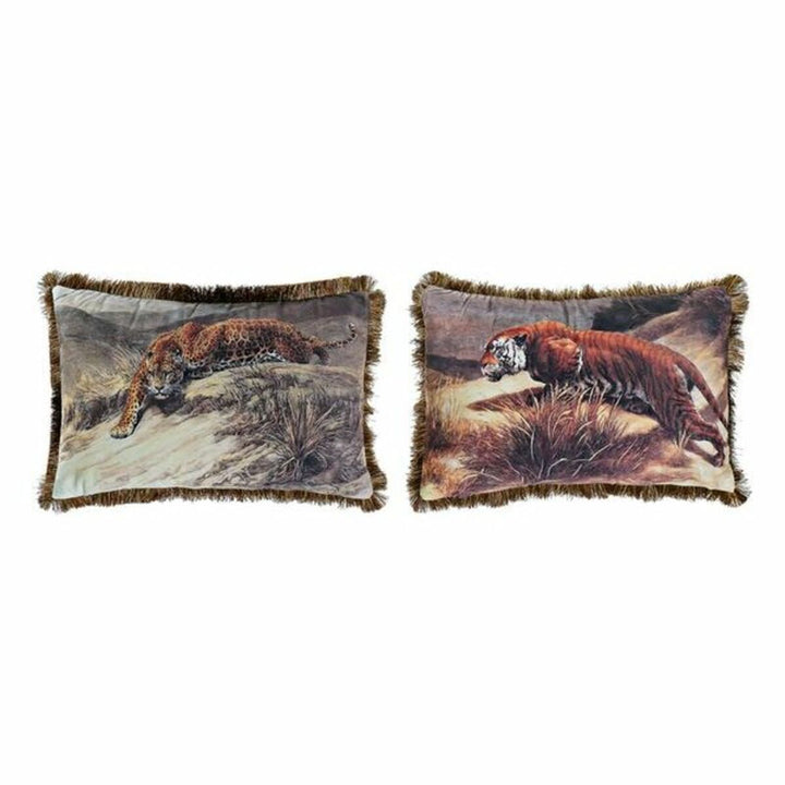 Zwei Kolonial Kissen mit Tierdruck (Leopard, Tiger) und Fransen aus Polyester.